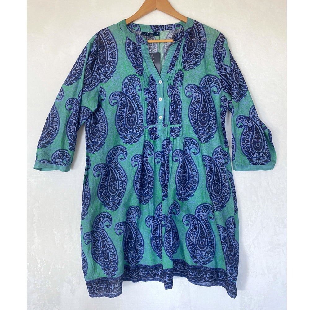 LA PLAGE Women XL Green Blue Paisley Maye Dress 3/4 Sleeve V-Neck Resort Cruise‎